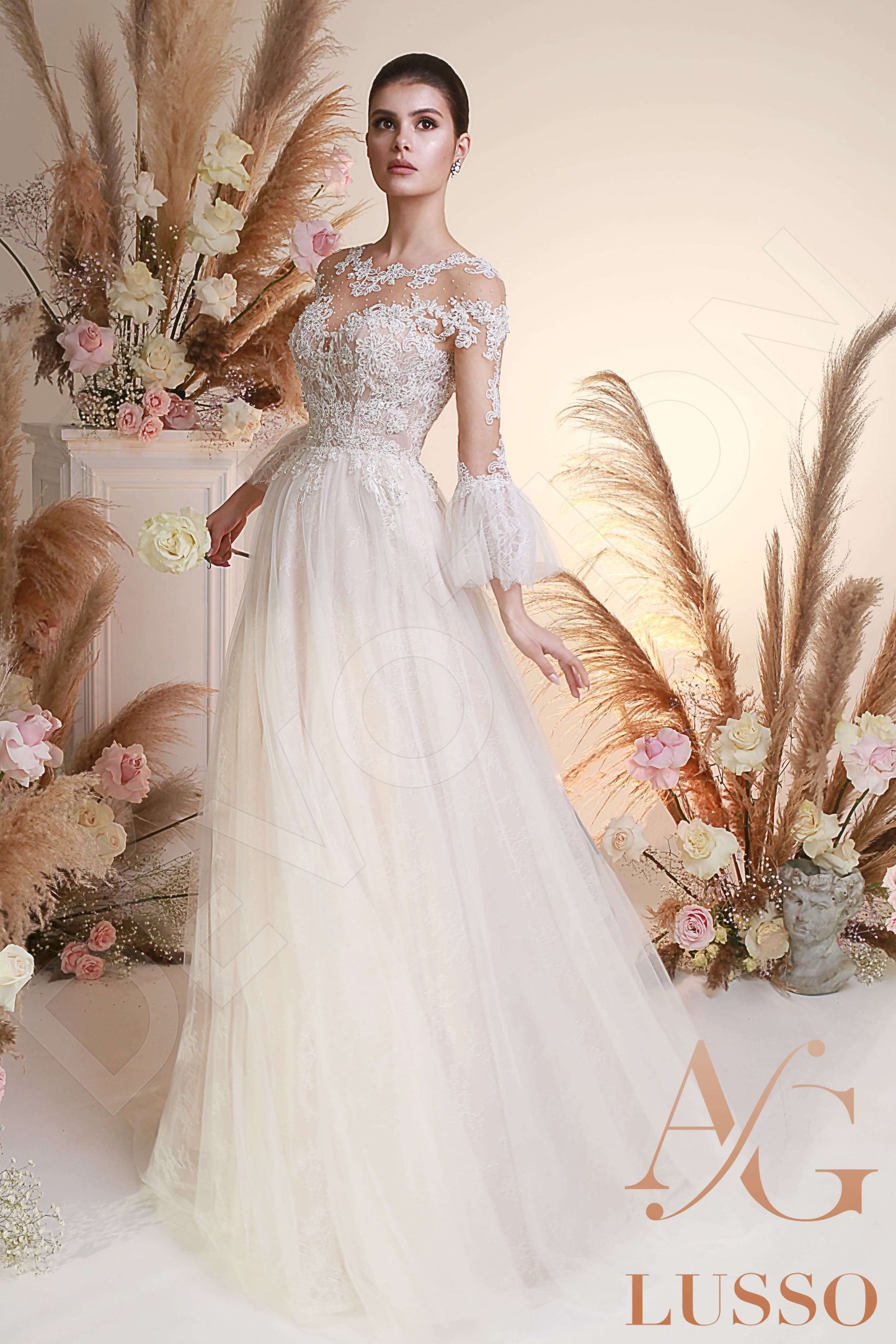Ezra Open back A-line 3/4 sleeve Wedding Dress Front