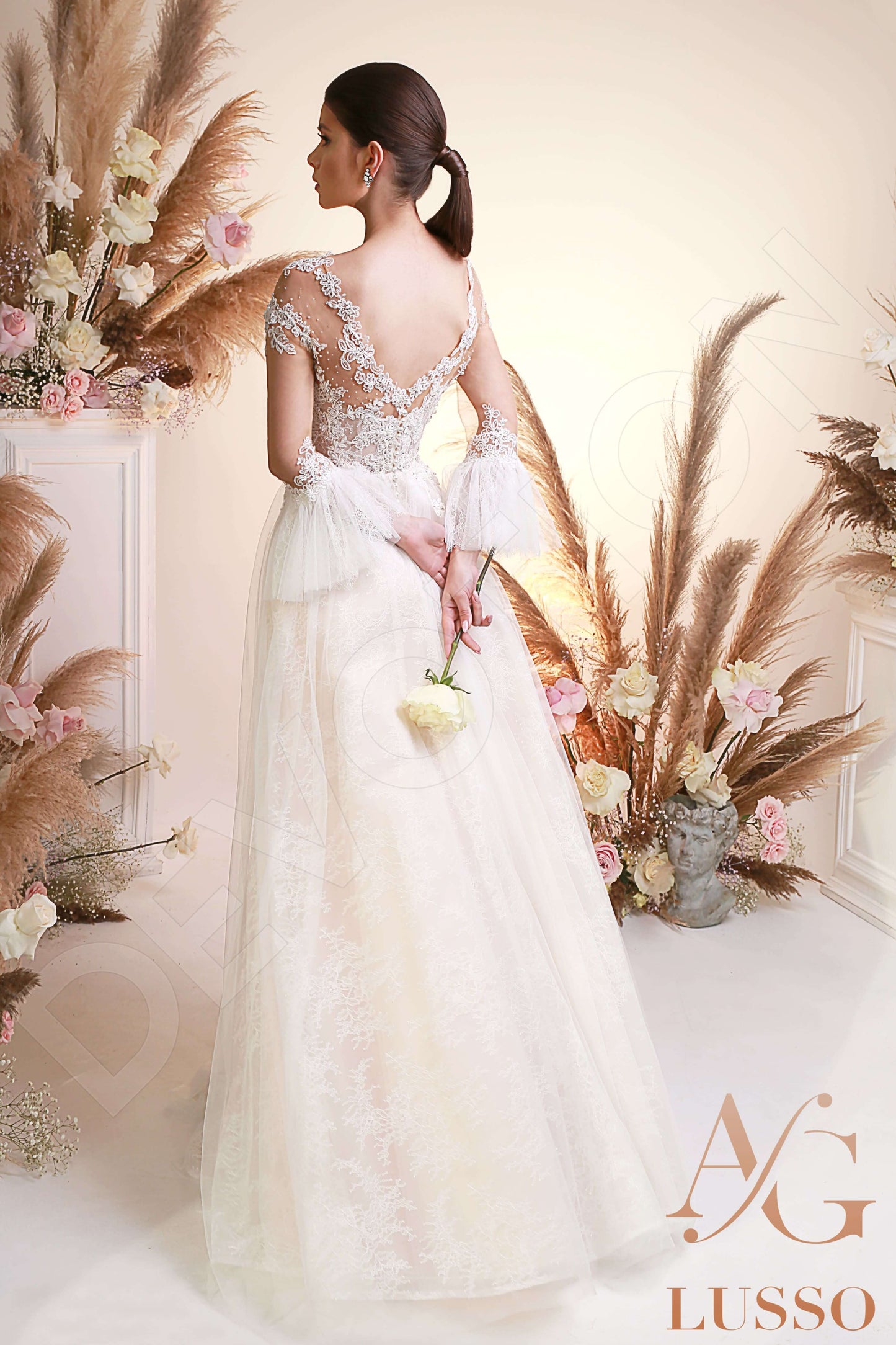 Ezra Open back A-line 3/4 sleeve Wedding Dress Back