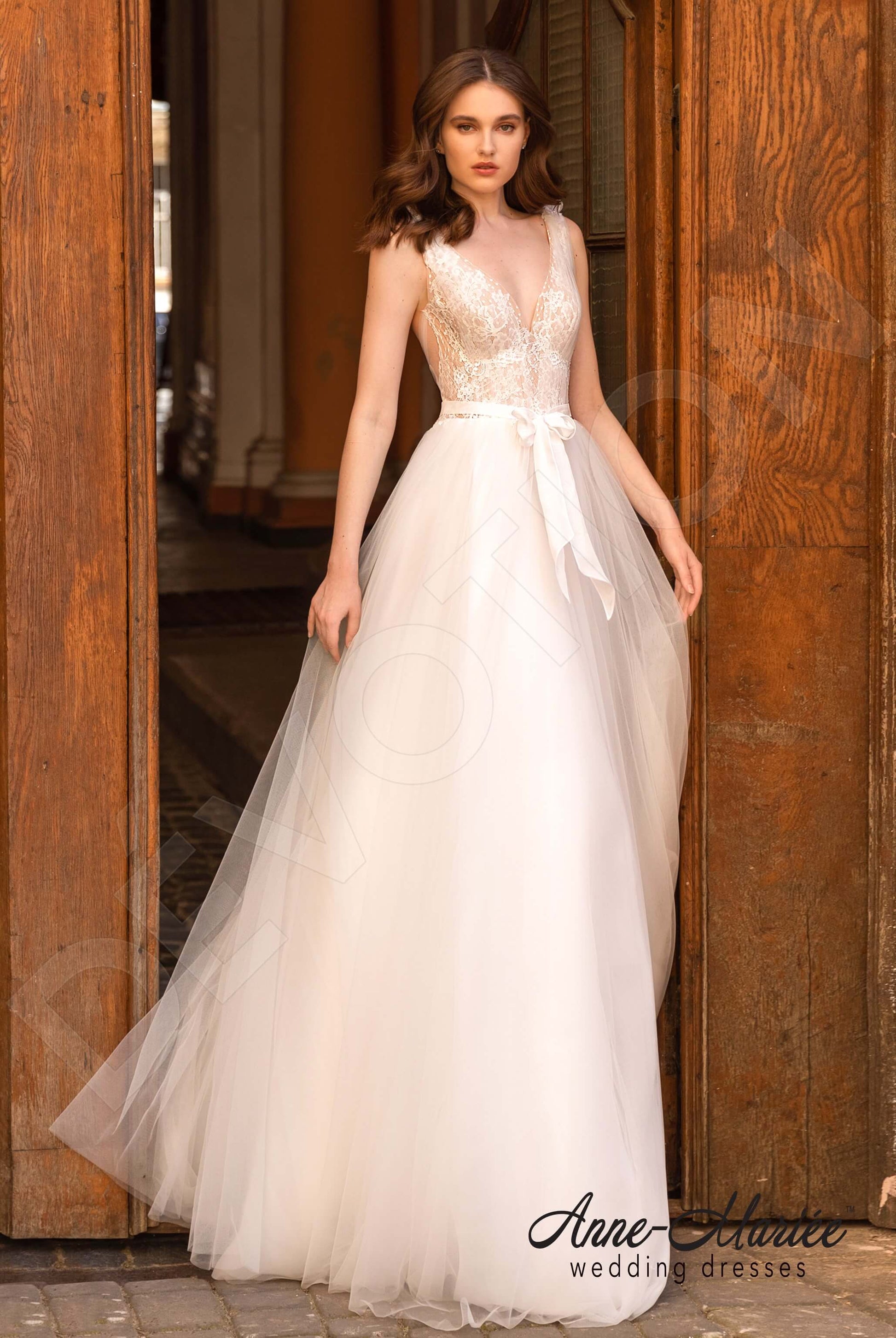 Elodie A-line Deep V-neck Milk Nude Wedding dress