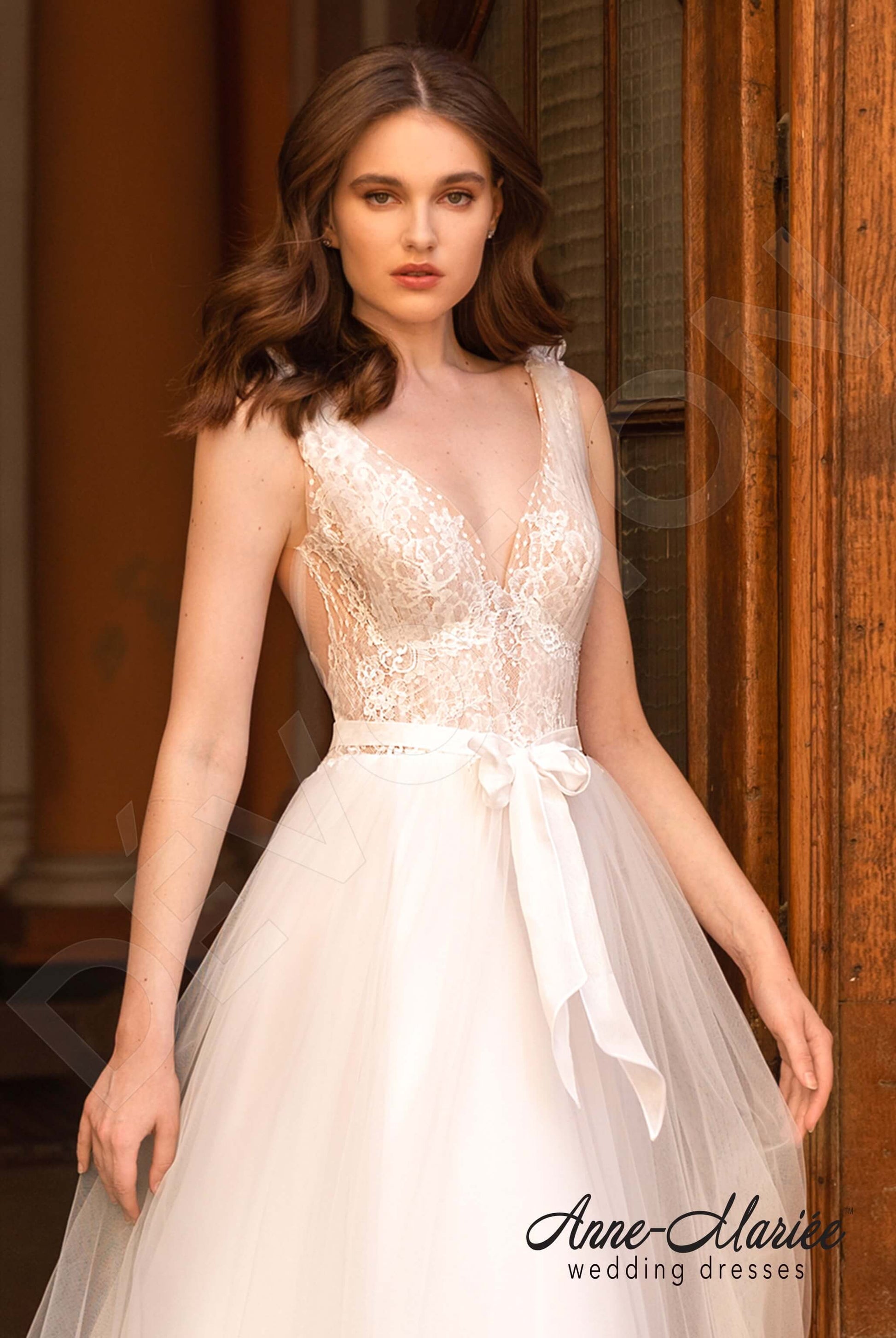 Elodie A-line Deep V-neck Milk Nude Wedding dress