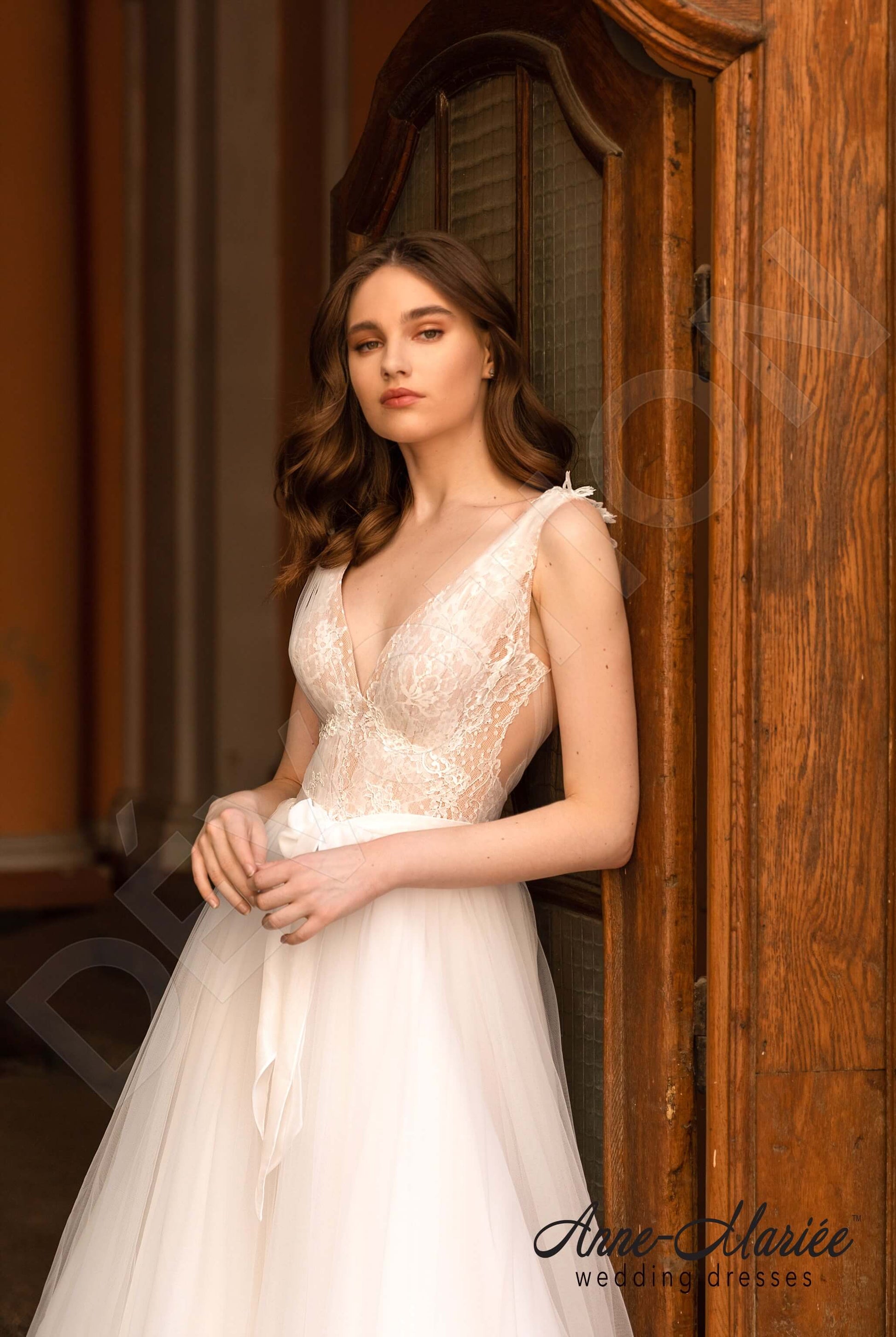 Elodie A-line Deep V-neck Milk Nude Wedding dress