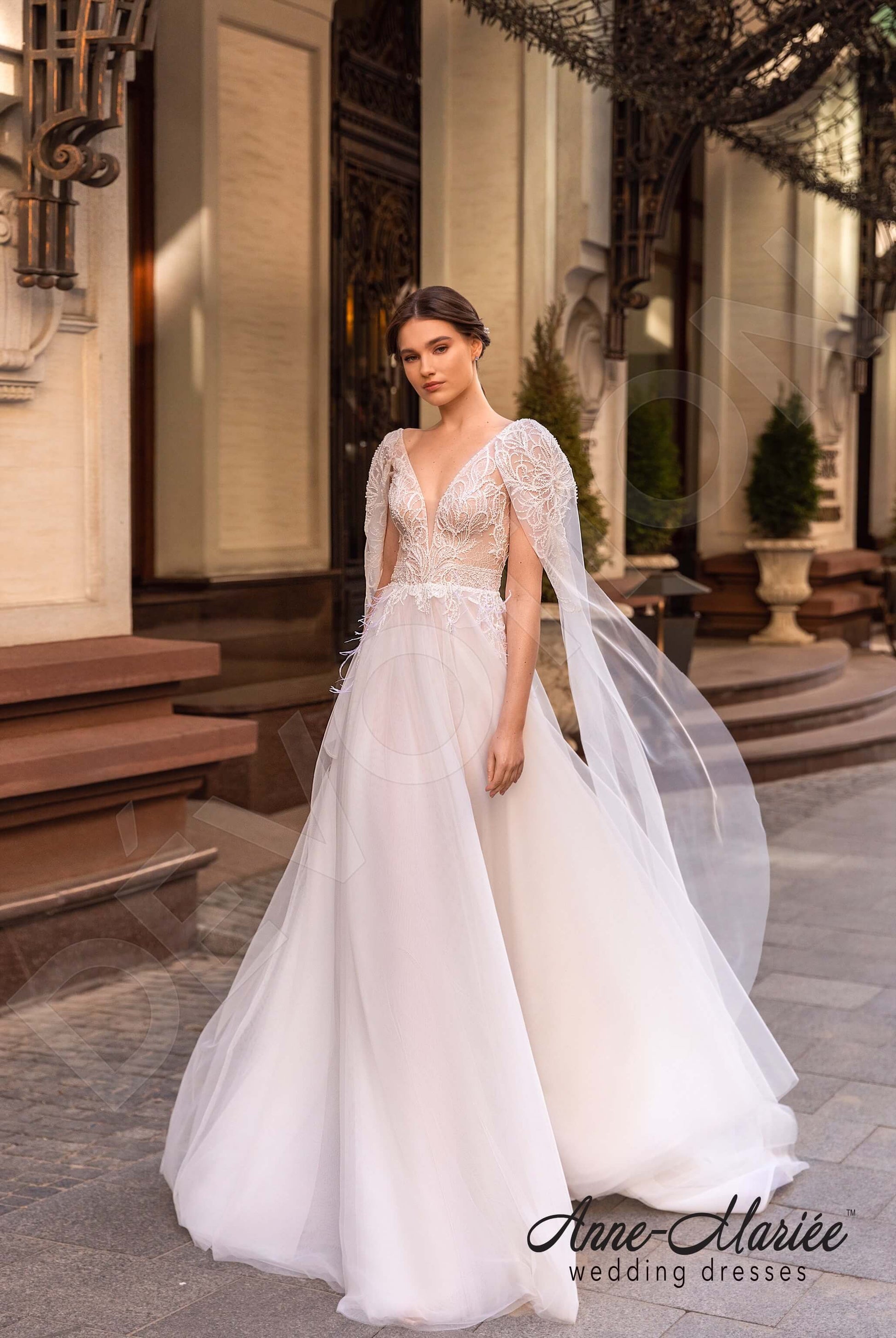Noelly A-line Deep V-neck Milk Wedding dress