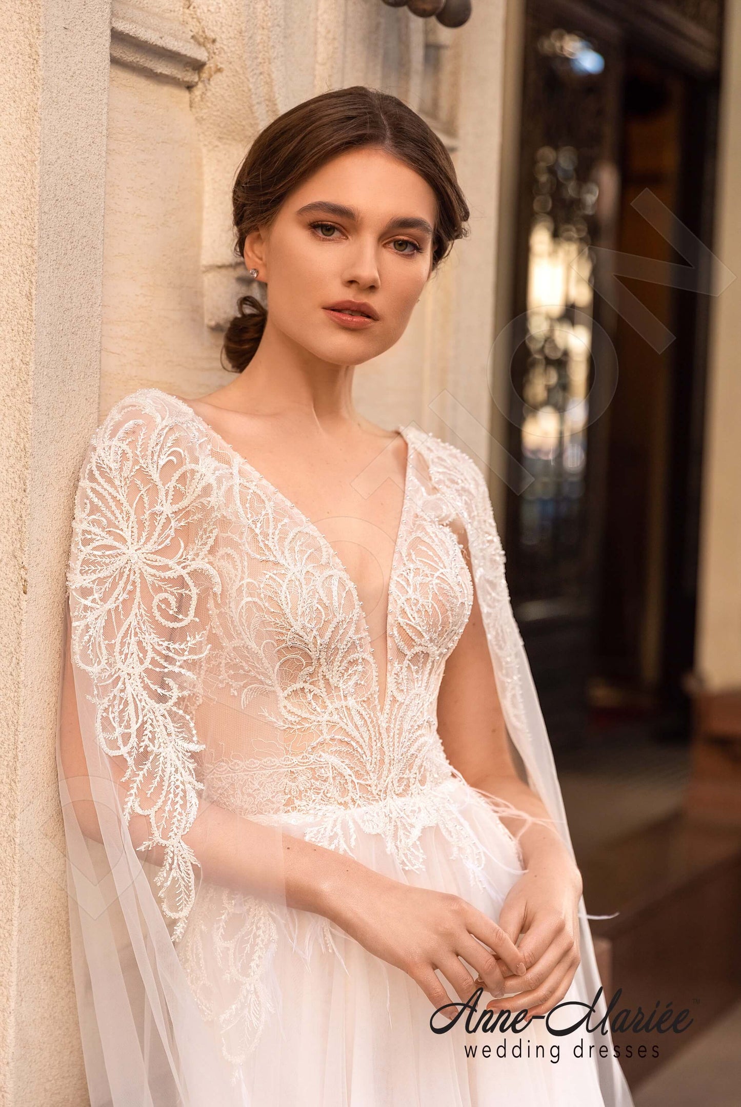 Noelly Open back A-line Detachable sleeves Wedding Dress 2